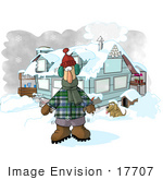 #17707 Man Outside A Hosue Standing In Winter Clothing Freezing Cold In The Winter Snow With A Dog Greenhouse And Hot Chocolate Stand Clipart