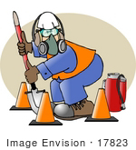 #17823 Construction Worker Man With Safty Gear Cones Fire Extinguisher Respirator Mask And Hardhat Clipart