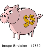 #17835 Pink Curly Tailed Piggy Bank With A Coin Slot And Dollar Signs Clipart