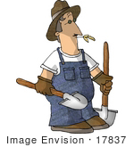 #17837 Farmer Man In Overalls Carrying Two Shovels And Chewing On Straw Or Hay Clipart