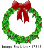 #17843 Holiday Christmas Wreath Decoration Made Of Holly With Red Berries And A Bow Clipart