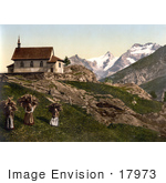 #17973 Picture Of Children With Baskets Of Firewood Near A Church Saas Fee Near Rimpfischhorn Mountain Valais Switzerland