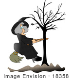 #18358 Witch Woman With Her Broom Stick Stuck In A Bare Tree Clipart