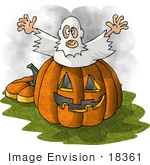 #18361 Man Dressed As A Ghost Jumping Out Of A Pumpkin To Scare Trick Or Treaters On Halloween Clipart