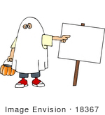 #18367 Child In A Ghost Halloween Costume Trick Or Treating And Pointing To A Blank Sign Clipart
