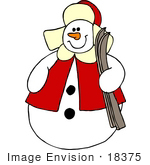 #18375 Christmas Snowman Carrying Skis Clipart