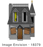#18379 Ghost Appearing In A Window Of A Condemned And Boarded Up Haunted Victorian House Clipart