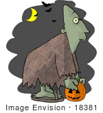 #18381 Ghoul Carrying A Pumpkin Under A Crescent Moon And Vampire Bats On Halloween Clipart