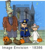 #18386 Frankenstein Trick Or Treating With Children In Police And Nurse Costumes Standing By A Condemned Haunted House Clipart