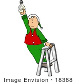 #18388 Santa’S Elf Standing On A Ladder Changing A Lightbulb Workshop Clipart