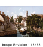 #18468 Photo Of A Boat On A Canal By A Bridge And Buildings Bruges Belgium
