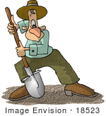 #18523 Caucasian Man Using A Shovel To Dig Up Dirt Clipart