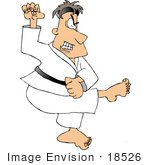 #18526 Caucasian Man In Robes Kicking And Practicing The Martial Art Of Karate Clipart