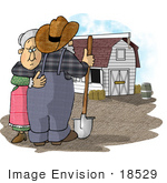 #18529 Senior Farmer And Wife Couple Embracing Near A White Stable Barn On A Farm Clipart