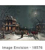 #18576 Photo Of A Horse Drawn Carriage And People Arriving At A House For A Christmas Party On The Night Of Christmas Eve