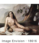 #18616 Photo Of A Sorrowful Mary Magdalene Seated Nude With A Human Skull And Cross