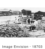 #18703 Black And White Photo Of People Near Melons And Pineapples At A Waterfront Market In Tampico Mexico