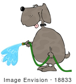 #18833 Dog Spraying Water From A Green Garden Hose Clipart