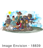#18839 Group Of People And Their Dog Fishing Clipart