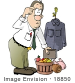 #18850 Man Standing By Unwrapped Christmas Gifts Of A Basket Of Fruit Shirt And Meats Clipart