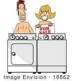 #18862 Nudist Caucasian Couple Standing Naked Behind A Washer And Dryer Holding A For Sale Sign Clipart