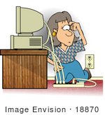 #18870 Confused Woman Trying To Figure Out How To Plug In Power Cords To A Computer Clipart