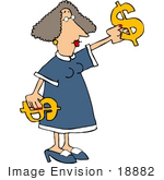 #18882 Woman In A Blue Dress Holding Two Golden Dollar Signs For A Sale Or Purchase Clipart