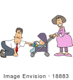 #18883 Father Handing His Baby A Pacifier While Being Pushed In A Stroller By The Mother Clipart