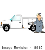 #18915 Worker Man In Coveralls Filling Up His Work Truck With Gas At A Gasoline Station Clipart