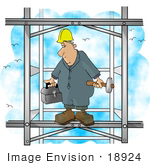 #18924 Man With A Toolbox And Sledgehammer Standing Up High In The Sky On An Iron Building Clipart