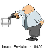 #18929 Angry Man Aiming A Gun At A Paper Dispenser Clipart
