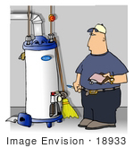 #18933 Hot Water Heater Repair Man Taking Notes For A Quote Clipart