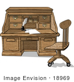 #18969 Wooden Roll Top Desk With Papers A Feather Quill And Ink Clipart