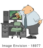#18977 Angry Business Man Aiming A Pistil At A Computer Clipart