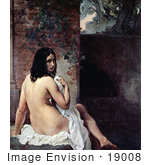#19008 Photo Of A Beautiful Nude Young Female Bather Draped In A Cloth Looking Back Over Her Shoulder