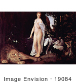 #19084 Photo of a Nude Woman by a Sleeping Lion and Birds by Gustav Klimt by JVPD