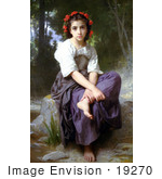 #19270 Photo Of A Little Girl With Flowers In Her Hair Seated By A Stream At The Edge Of The Brook By William-Adolphe Bouguereau