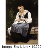 #19299 Photo Of A Woman Sewing While Sitting On A Bench Young Worker By William-Adolphe Bouguereau