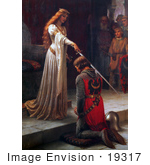 #19317 Photo Of A Long Haired Maiden Holding A Sword Over A Man During A Knighting Ceremony The Accolade By Edmund Blair Leighton