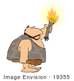 #19355 Caveman Holding A Lit Torch And Wooden Club Weapon Clipart