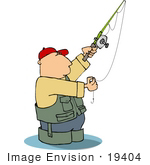 #19404 Man Wearing Fishing Gear Wading In Water Preparing His Hook Clipart