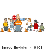 #19408 Male Crossing Guard Holding A Stop Sign While School Children And A Dog Use A Crosswalk Clipart