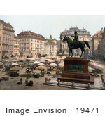 #19471 Stock Photo Of An Equestrian Statue And Umbrellas In The Marketplace In Vienna Austria
