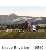 #19540 Photo Of People Working Near A Barn With A View Of The Jeschken Mountain In Liberec Reichenberg Bohemia Czech Republic
