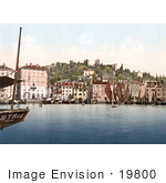 #19800 Photo Of Ships In The Harbor Near The Waterfront And Castle In Piran Pirano Slovenia