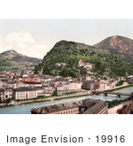 #19916 Stock Picture Of Buildings Along The Salzach River And The Kapuzinerberg And Gaisberg Mountains Salzburg Austria