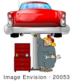 #20053 Blond Mechanic Woman Working On A Red Classic Car That Is Raised On A Jack In A Garage Clipart