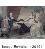 #20194 Stock Photography: George Washington Family And Servant Around A Map At A Table