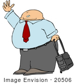 #20506 Clipart Of A Businessman Waving And Rolling Luggage In An Airport