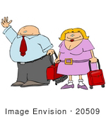 #20509 Clipart Of A Couple Waving And Carrying Luggage In An Airport While Traveling
